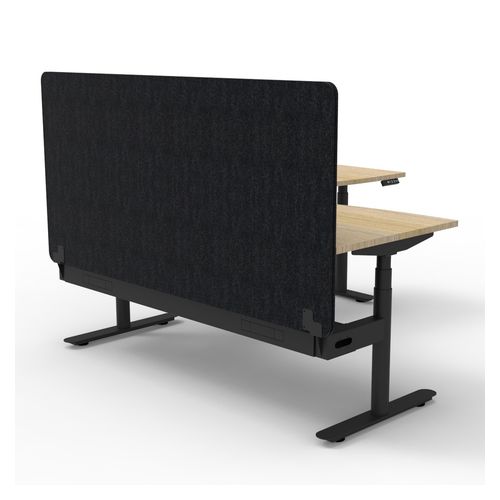 Halo Plus Height Adjustable Corner Workstation with Black Eco Screen & Cable Tray 1800x1500mm Black Frame Natural Oak Scallop Top