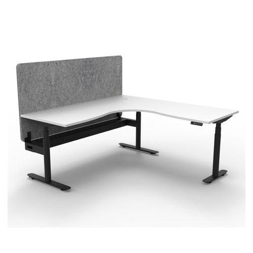 Halo Plus Height Adjustable Corner Workstation with Grey Eco Screen & Cable Tray 1800x1500mm Black Frame Natural White Scallop Top