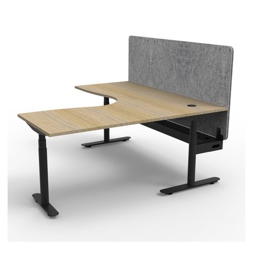 Halo Plus Height Adjustable Corner Workstation with Grey Eco Screen & Cable Tray 1800x1500mm Black Frame Natural Oak Scallop Top