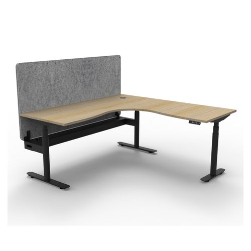 Halo Plus Height Adjustable Corner Workstation with Grey Eco Screen & Cable Tray 1800x1500mm Black Frame Natural Oak Scallop Top