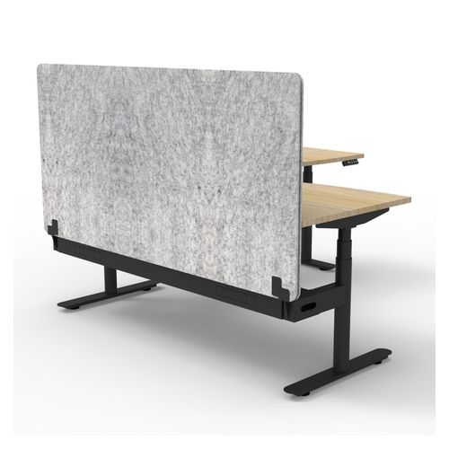 Halo Plus Height Adjustable Corner Workstation with Grey Eco Screen & Cable Tray 1800x1500mm Black Frame Natural Oak Scallop Top