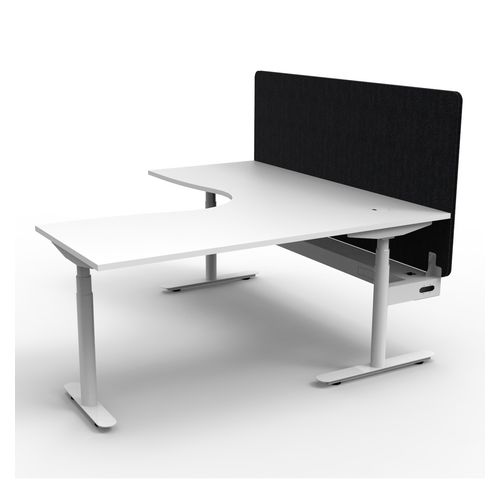 Halo Plus Height Adjustable Corner Workstation with Black Eco Screen & Cable Tray 1800x1500mm White Frame Natural White Scallop Top