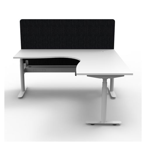 Halo Plus Height Adjustable Corner Workstation with Black Eco Screen & Cable Tray 1800x1500mm White Frame Natural White Scallop Top