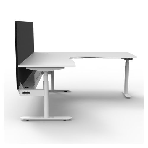 Halo Plus Height Adjustable Corner Workstation with Black Eco Screen & Cable Tray 1800x1500mm White Frame Natural White Scallop Top