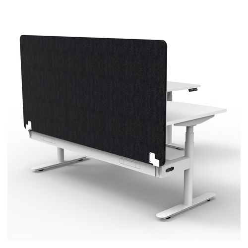 Halo Plus Height Adjustable Corner Workstation with Black Eco Screen & Cable Tray 1800x1500mm White Frame Natural White Scallop Top