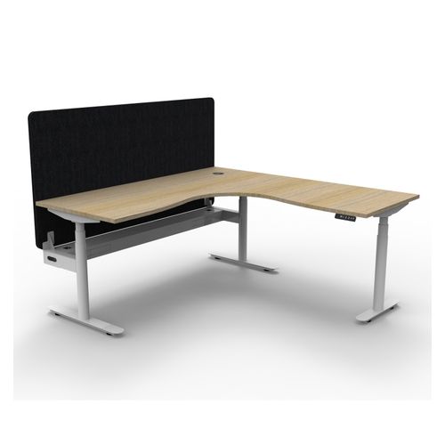 Halo Plus Height Adjustable Corner Workstation with Black Eco Screen & Cable Tray 1800x1500mm White Frame Natural Oak Scallop Top