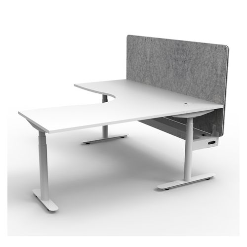 Halo Plus Height Adjustable Corner Workstation with Grey Eco Screen & Cable Tray 1800x1500mm White Frame Natural White Scallop Top