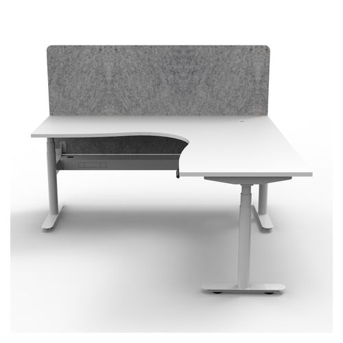 Halo Plus Height Adjustable Corner Workstation with Grey Eco Screen & Cable Tray 1800x1500mm White Frame Natural White Scallop Top