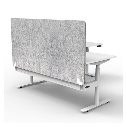 Halo Plus Height Adjustable Corner Workstation with Grey Eco Screen & Cable Tray 1800x1500mm White Frame Natural White Scallop Top