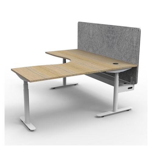 Halo Plus Height Adjustable Corner Workstation with Grey Eco Screen & Cable Tray 1800x1500mm White Frame Natural Oak Scallop Top
