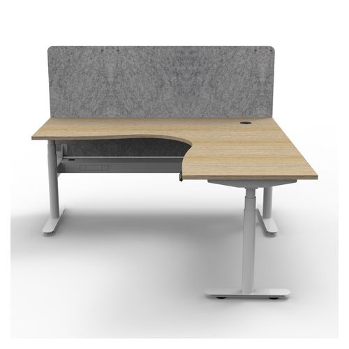 Halo Plus Height Adjustable Corner Workstation with Grey Eco Screen & Cable Tray 1800x1500mm White Frame Natural Oak Scallop Top