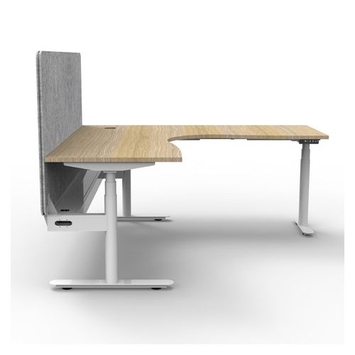 Halo Plus Height Adjustable Corner Workstation with Grey Eco Screen & Cable Tray 1800x1500mm White Frame Natural Oak Scallop Top