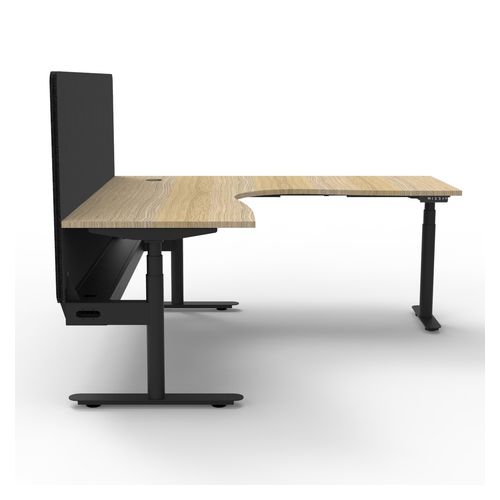 Halo Plus Height Adjustable Corner Workstation with Black Eco Screen & Cable Tray 1800x1800mm Black Frame Natural Oak Scallop Top