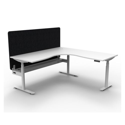 Halo Plus Height Adjustable Corner Workstation with Black Eco Screen & Cable Tray 1800x1800mm White Frame Natural White Scallop Top