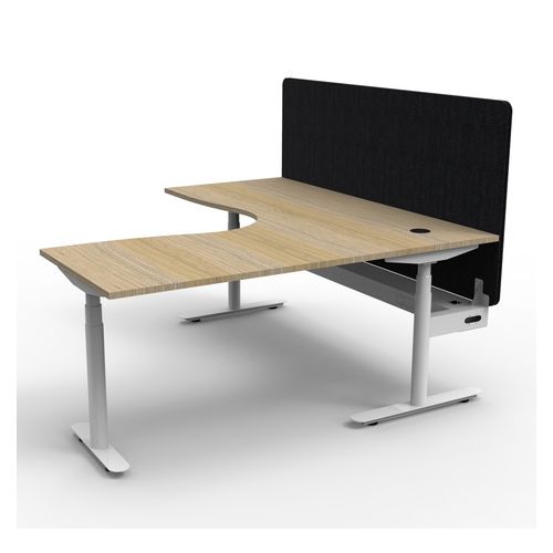 Halo Plus Height Adjustable Corner Workstation with Black Eco Screen & Cable Tray 1800x1800mm White Frame Natural Oak Scallop Top