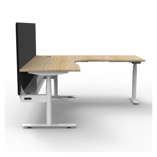 Halo Plus Height Adjustable Corner Workstation with Black Eco Screen & Cable Tray 1800x1800mm White Frame Natural Oak Scallop Top