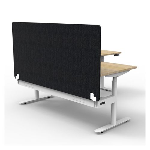 Halo Plus Height Adjustable Corner Workstation with Black Eco Screen & Cable Tray 1800x1800mm White Frame Natural Oak Scallop Top