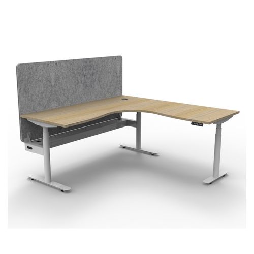 Halo Plus Height Adjustable Corner Workstation with Grey Eco Screen & Cable Tray 1800x1800mm White Frame Natural Oak Scallop Top