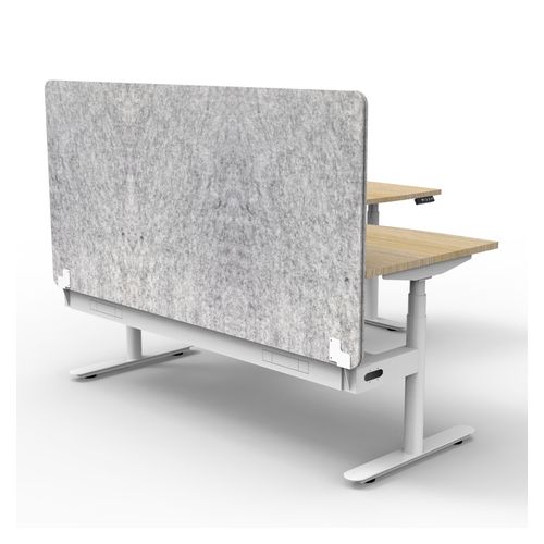 Halo Plus Height Adjustable Corner Workstation with Grey Eco Screen & Cable Tray 1800x1800mm White Frame Natural Oak Scallop Top