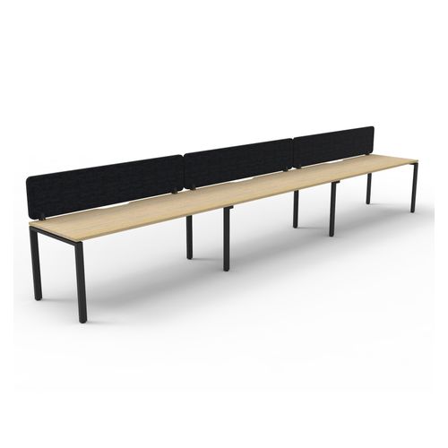 Rapid Deluxe Infinity Single Sided Workstation 3 Person With Black Eco Screen 1500Wmm per person Black Profile Leg Natural Oak Top