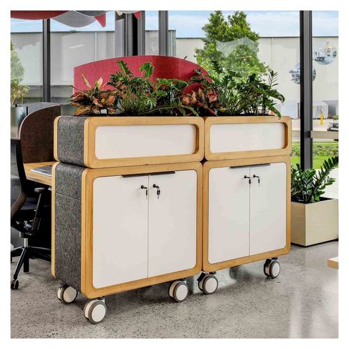 Rover Mobile Credenza 900mm W Timber & White with Gray Panelling