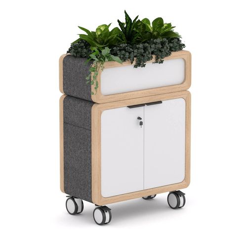 Rover Mobile Credenza with Planter Box 900mm W Timber & White with Gray Panelling
