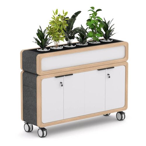Rover Mobile Credenza with Planter Box 1650mm W Timber & White with Gray Panelling