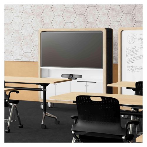 TV Cabinet Rover Mobile 1358x450x1620mm Timber & White with Gray Panelling