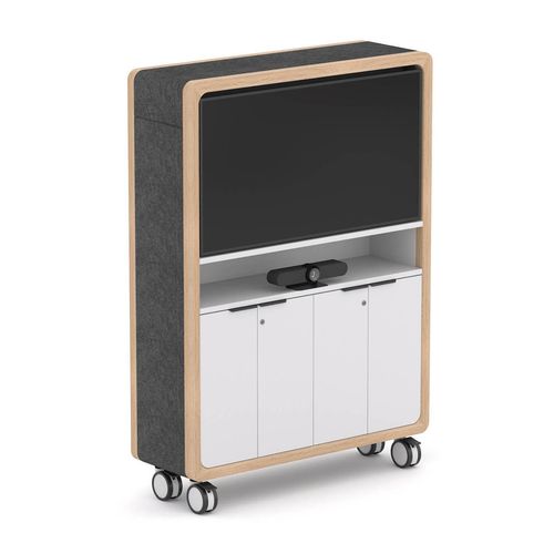 TV Cabinet Rover Mobile 1358x450x1920mm Timber & White with Gray Panelling