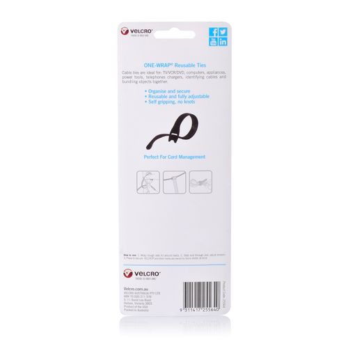 Velcro Brand Cable Ties Reusable Black Pack 5