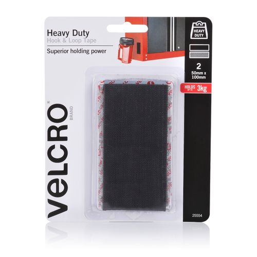 Velcro Fastener Stick On Heavy Duty Hook & Loop Tape 50x100mm Black Pack 2