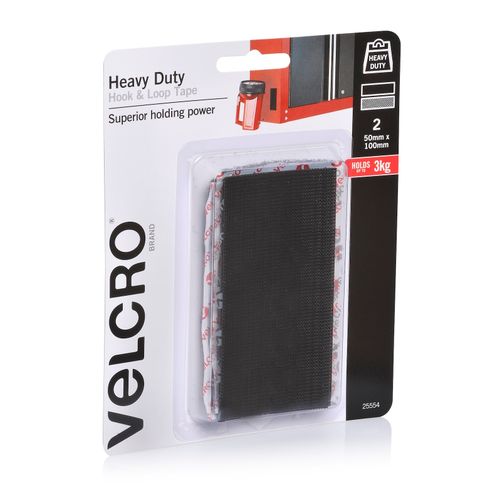 Velcro Fastener Stick On Heavy Duty Hook & Loop Tape 50x100mm Black Pack 2