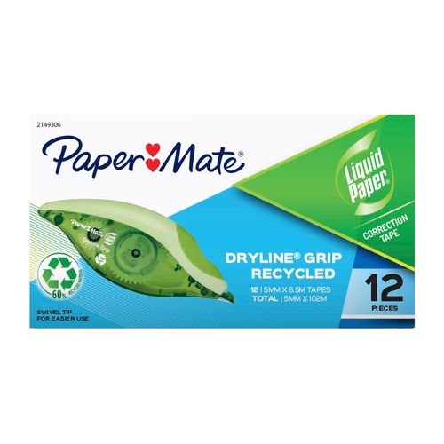 Paper Mate Liquid Paper Dryline Grip Recycled Correction Tape Box 12