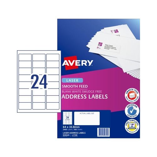 Avery 24Up Smooth Feed Laser Address Labels 100 Sheets (959329/L7159 ...