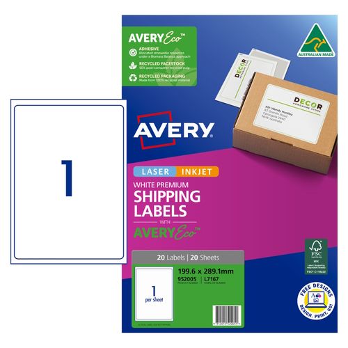 Avery 1Up AveryEco Laser Inkjet Labels 20 Sheets (952005/L7167)