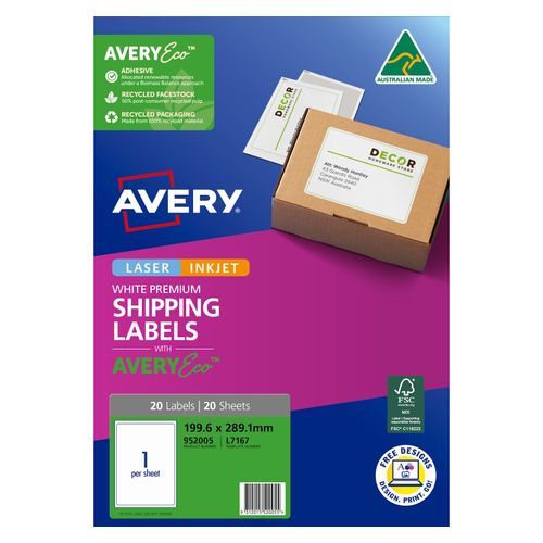 Avery 1Up AveryEco Laser Inkjet Labels 20 Sheets (952005/L7167)