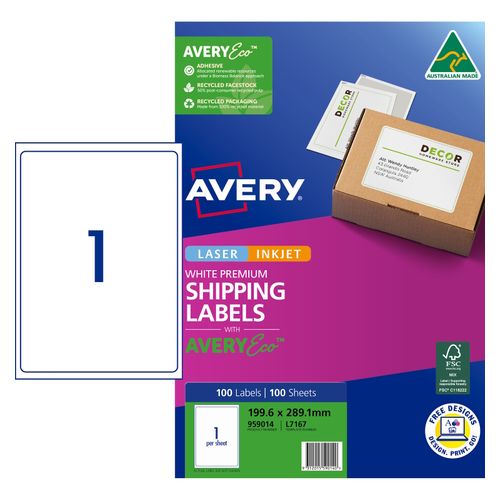 Avery 1Up AveryEco Laser Inkjet Labels 100 Sheets (959014/L7167)