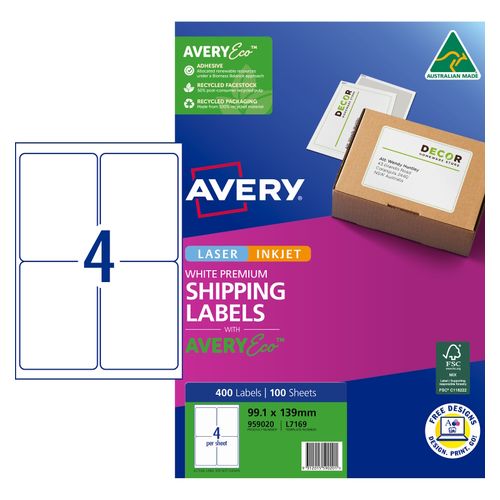 Avery 4Up AveryEco Laser Inkjet Labels 100 Sheets (959020/L7169)