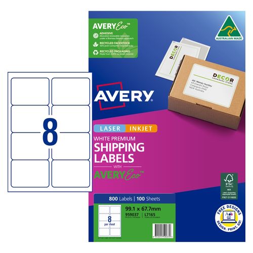 Avery 8Up AveryEco Laser Inkjet Labels 100 Sheets (959037/L7165)