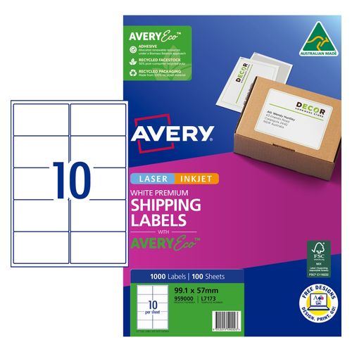 Avery 10Up AveryEco Laser Inkjet Labels 100 Sheets (959000/L7173)