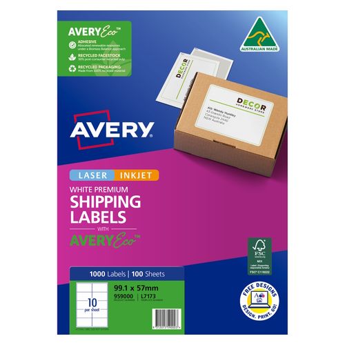 Avery 10Up AveryEco Laser Inkjet Labels 100 Sheets (959000/L7173)
