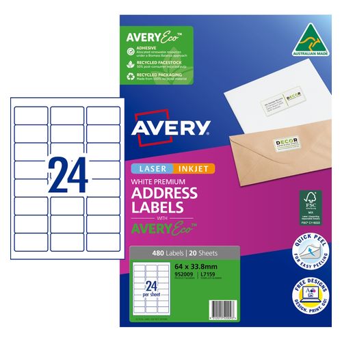 Avery 24Up AveryEco Laser Inkjet Labels 20 Sheets (952009/L7159)