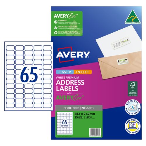 Avery 65Up AveryEco Laser Inkjet Labels 20 Sheets (952006/L7651)
