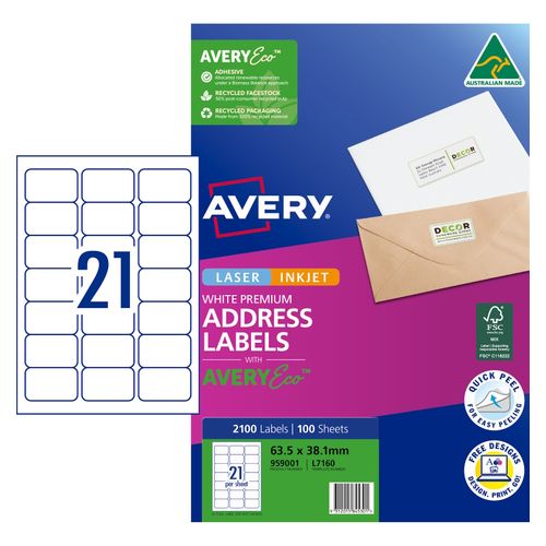 Avery 21Up AveryEco Laser Inkjet Address Labels 100 Sheets (959001/L7160/J8160)