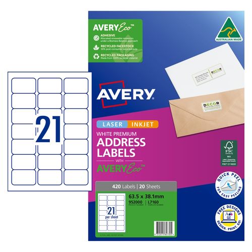 Avery 21Up AveryEco Laser Inkjet Address Labels 20 Sheets (952000/L7160/J8160)