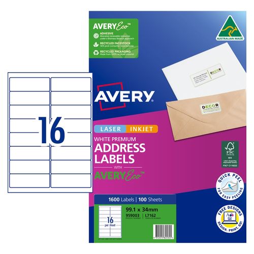 Avery 16Up AveryEco Laser Inkjet Address Labels 100 Sheets (959003/L7162/J8162)