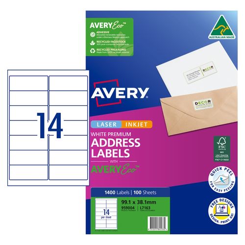 Avery 14Up AveryEco Laser Inkjet Address Labels 100 Sheets (959004/L7163/J8163)