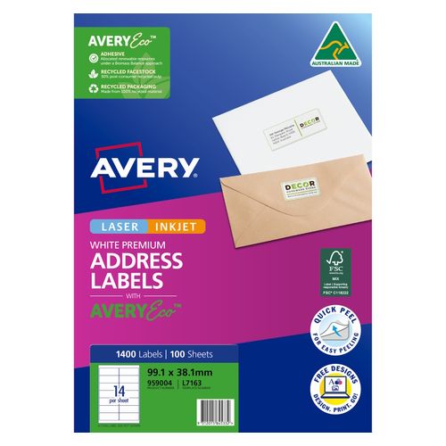 Avery 14Up AveryEco Laser Inkjet Address Labels 100 Sheets (959004/L7163/J8163)