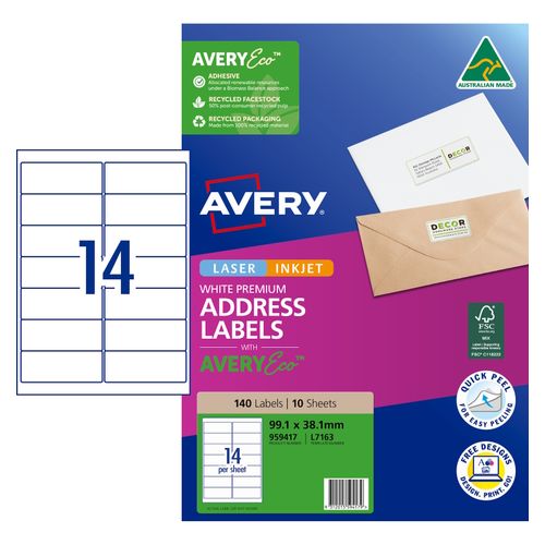 Avery 14Up AveryEco Laser Inkjet Address Labels 20 Sheets (959417/L7163/J8163)