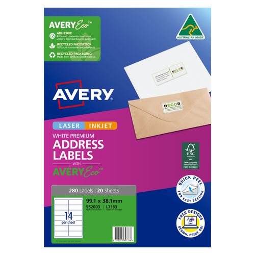 Avery 14Up AveryEco Laser Inkjet Address Labels 20 Sheets (952003/L7163/J8163)